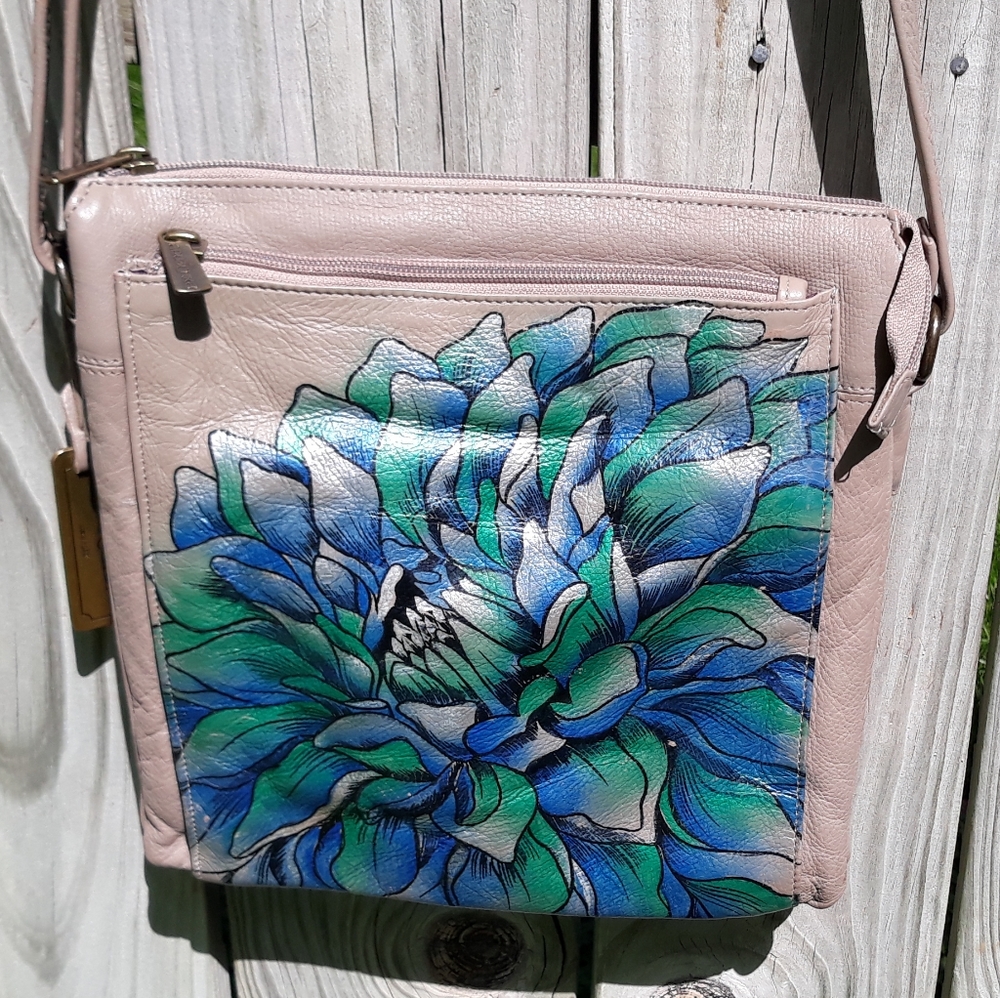 *Anuschka handpainted floral taupe leather crossbody bag